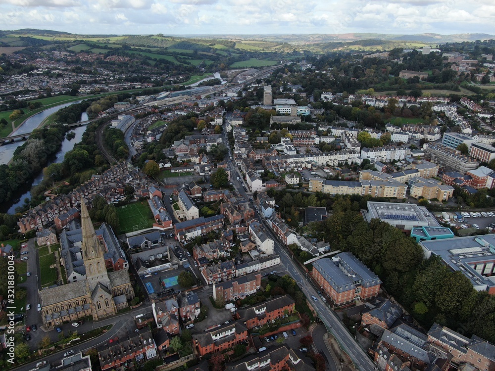 an aerial view of Exeter City centre , Devon , England, UK looking towards the canal and River Exe