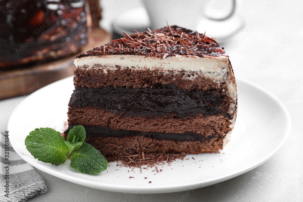 Tasty chocolate cake served on table, closeup Tasty chocolate cake served on table, closeup