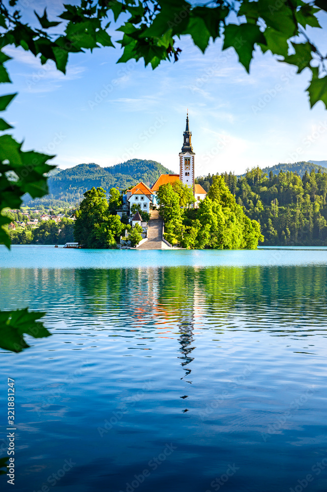 Travel destination Lake Bled in Slovenia - obrazy, fototapety, plakaty 