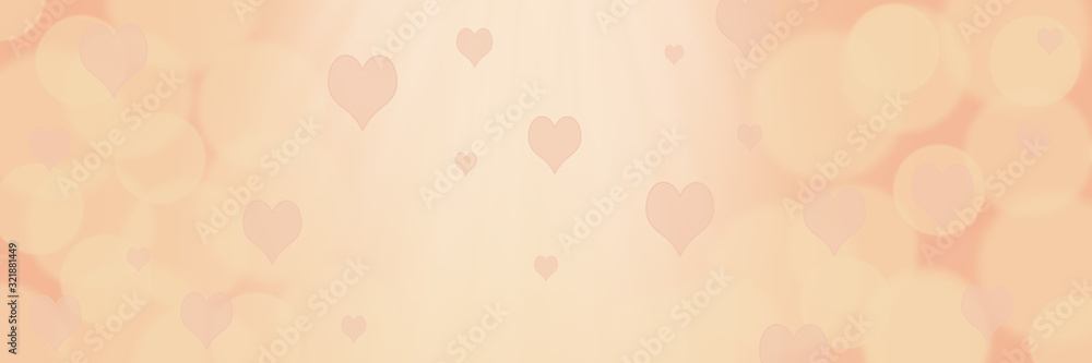 Abstract soft pink pastel banner background with hearts - birthday, father's day, valentine's day panorama - blurry bokeh circles and hearts on a tender pink beige with sunbeams in the center.