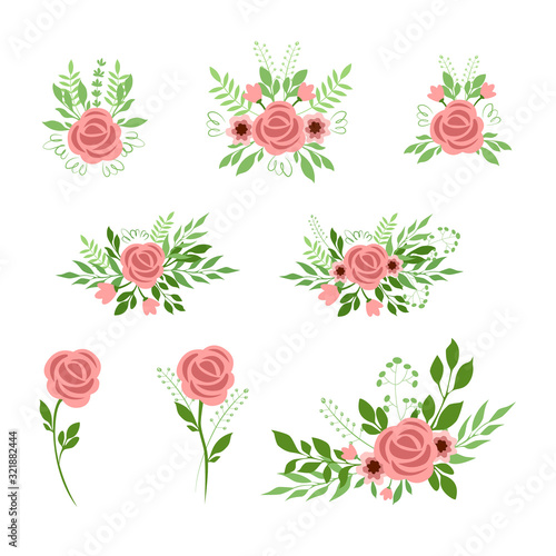 set of bouquets of pink roses