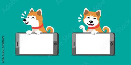 Cartoon character akita inu dog and smartphones for you design.