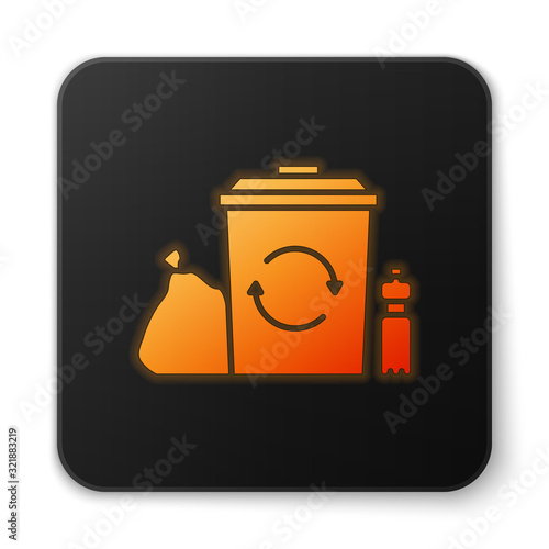 Orange glowing neon Recycle bin with recycle symbol icon isolated on white background. Trash can icon. Garbage bin sign. Recycle basket. Black square button. Vector Illustration