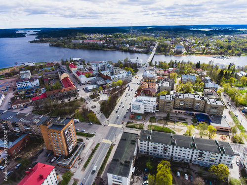 Aerial air view of Sortavala city, a town in the Republic of Karelia, Russia, located at the northern tip of Lake Ladoga, shot from drone photo