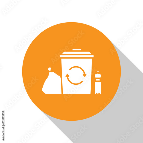 White Recycle bin with recycle symbol icon isolated on white background. Trash can icon. Garbage bin sign. Recycle basket. Orange circle button. Vector Illustration