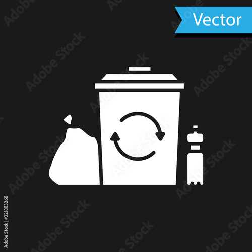 White Recycle bin with recycle symbol icon isolated on black background. Trash can icon. Garbage bin sign. Recycle basket. Vector Illustration