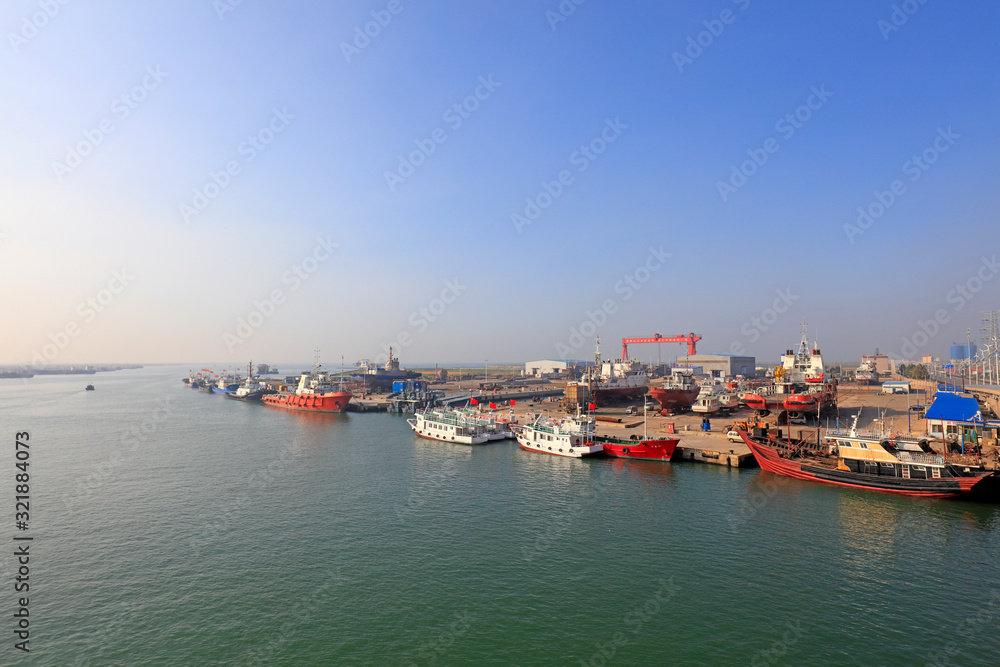 shipbuilding plant wharf scenery, Luannan County, Hebei Province, China