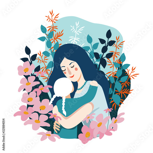 Happy Mother's Day. Woman hugs her little daughter . Vector cute flat illustration