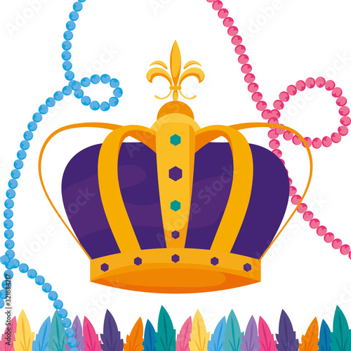Isolated mardi gras crown feathers and necklaces vector design