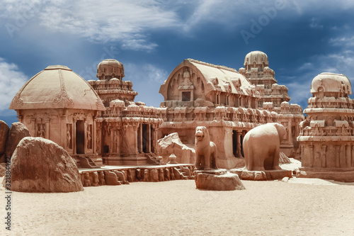 Panch Rathas Monolithic Hindu Temple in Mahabalipuram. Great South Indian architecture, UNESCO World Heritage Site. South India, Tamil Nadu, Mahabalipuram