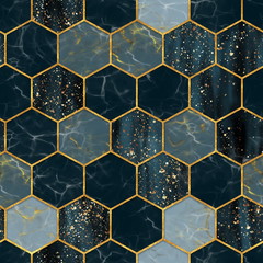 Crédence de cuisine Hexagone patrons Hexagones marbre veines dorées abstrait  © Gribanessa