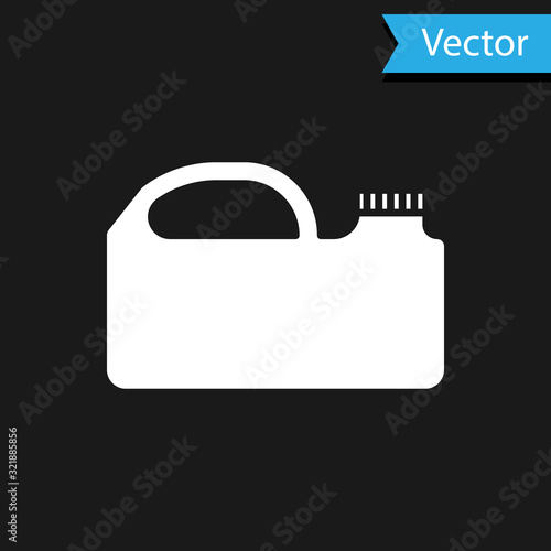 White Plastic canister for motor machine oil icon isolated on black background. Oil gallon. Oil change service and repair. Vector Illustration