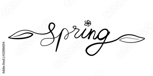 Vector lettering of Spring word with leaves and flower drawn by ink. Black isolated on white background