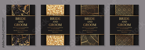 Set of modern luxury wedding invitation design or card templates for business or poster or greeting with golden marble, glitter, feathers and arabic ornament on a black background.