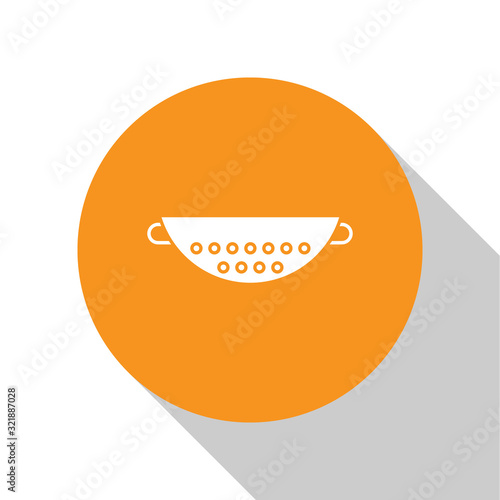 White Kitchen colander icon isolated on white background. Cooking utensil. Cutlery sign. Orange circle button. Vector Illustration