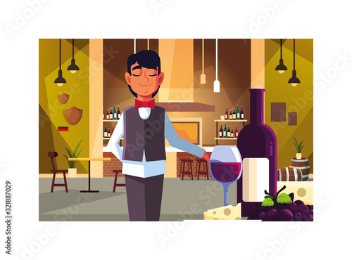 man professional waiter offering red wine in the bar