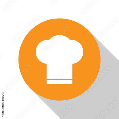 White Chef hat icon isolated on white background. Cooking symbol. Cooks hat. Orange circle button. Vector Illustration