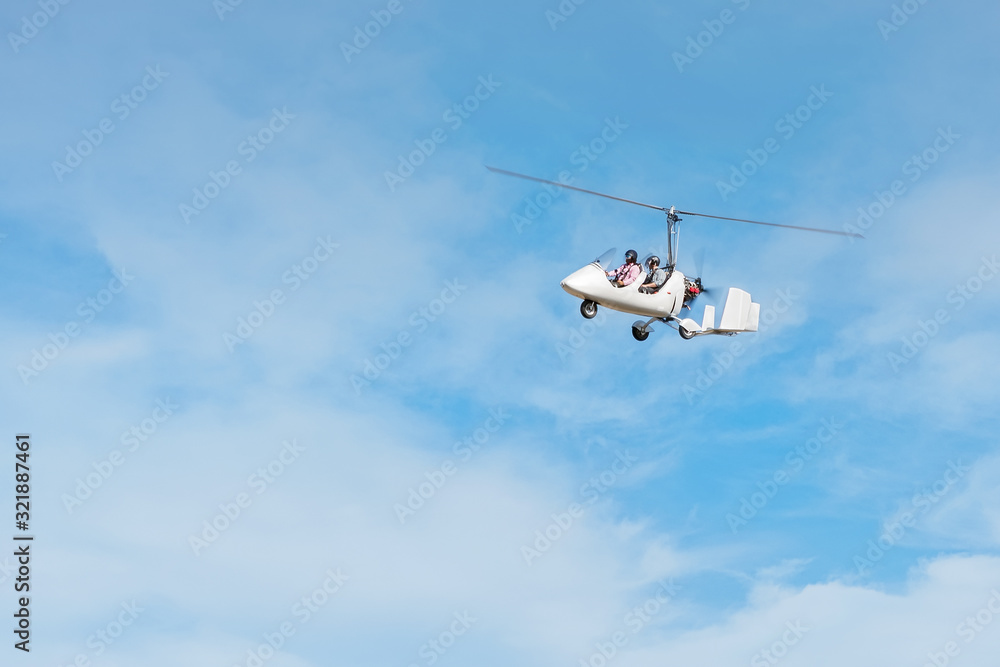 white gyroplane in sky, Ultralight gyroplane white gyroplane in sky, Ultralight gyroplane