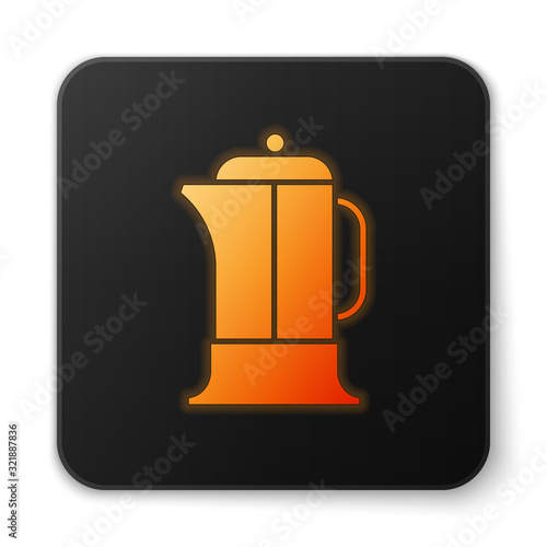 Orange glowing neon French press icon isolated on white background. Black square button. Vector Illustration