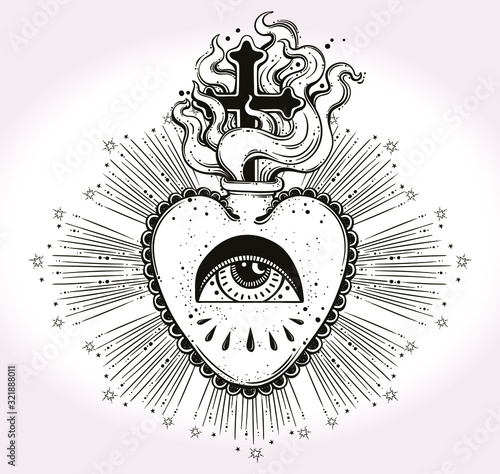 The beautiful sacred heart of Jesus with rays.Tattoo art, graphic, t-shirt design, postcard, poster design, coloring books,spirituality, occultism.Isolated vector illustration.