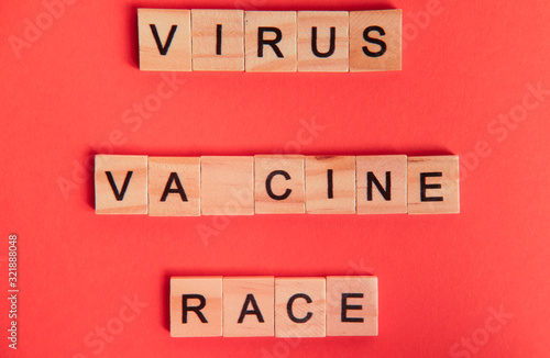 Vaccine race depicted in words with missed letter on background. Novel Coronavirus originating in Wuhan, China. Coronavirus 2019-nCoV concept.
