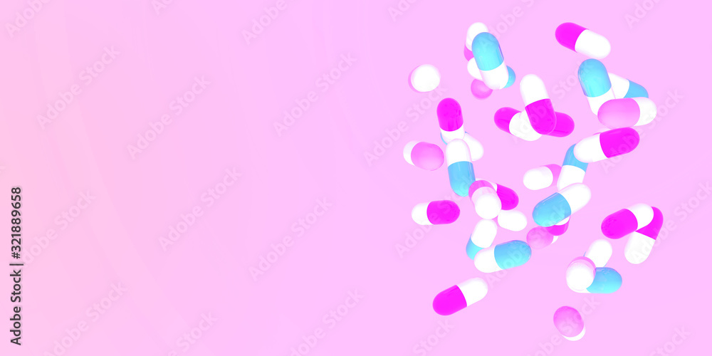 Colorfull pharmaceutical medicine pills for hospital or drugstore ad. 3d render illustration. Pharmacology or diet suplement concept for header or flyer mockup.