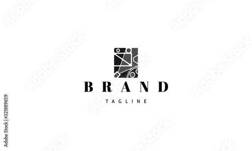 Vector logo on which an abstract image of a camera and spotlight.