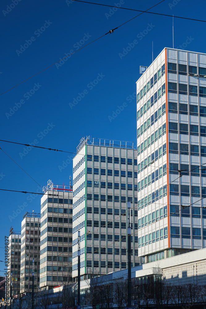 The modernist skyscrapers made of glass and aluminum in the center of Poznan.. The modernist skyscrapers made of glass and aluminum in the center of Poznan..