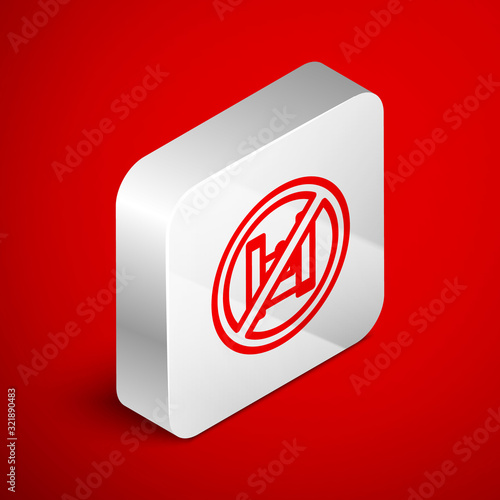 Isometric line Say no to plastic bags poster icon isolated on red background. Disposable cellophane and polythene package prohibition sign. Silver square button. Vector Illustration