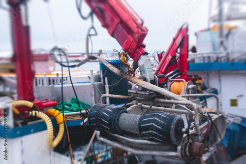 View of fishing equipment on fishing trawler ship in Svolvaer, Norway, Lofoten Islands, Nordland