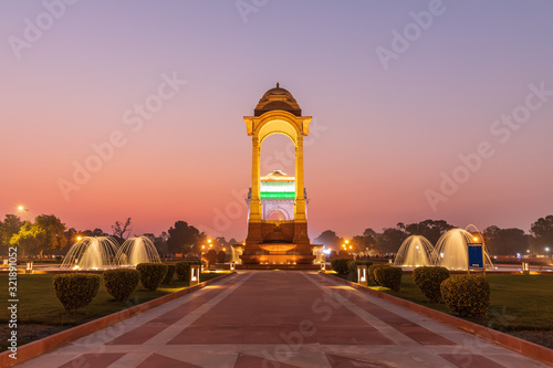 The Canopy and the India Gate in twilight, view from the National War Memorial, New Delhi, India photo