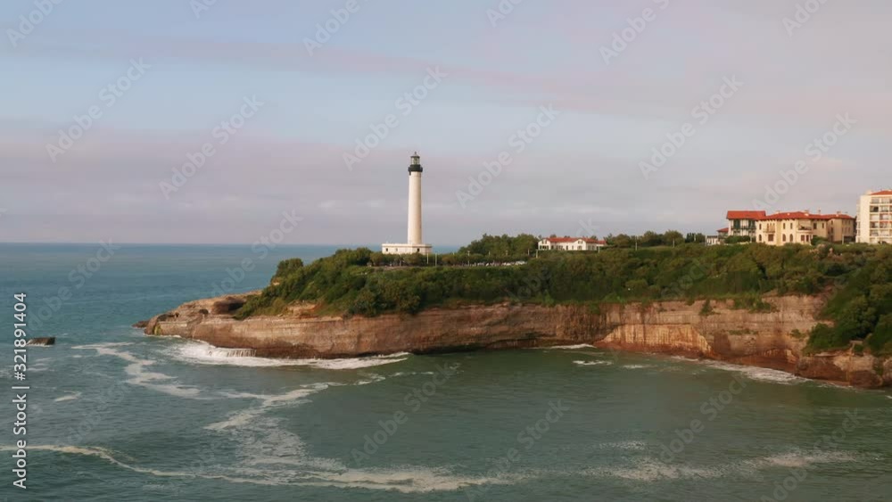 Phare de Biarritz. Drone flight pulling back from lighthouse. Atlantic Ocean, Cape Hainsart, Biarritz, France. Phare de Biarritz. Drone flight pulling back from lighthouse. Atlantic Ocean, Cape Hainsart, Biarritz, France.