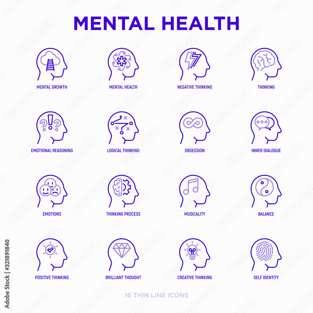 Mental health thin line icons set: mental growth, negative thinking, emotional reasoning, logical plan, obsession, inner dialogue, balance, self identity. Modern vector illustration. Mental health thin line icons set: mental growth, negative thinking, emotional reasoning, logical plan, obsession, inner dialogue, balance, self identity. Modern vector illustration.