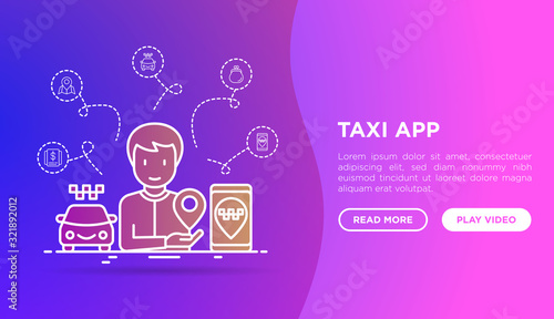 Man using taxi app. Web page template with thin line icons: payment method, promocode, app settings, info, support service, phone number, location, pointer, route, destination. Vector illustration.