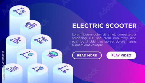 Electric scooter web page template with thin line isometric icons: sharing service, mobile app, QR code, parking, helmet, eco transport, pointer. Modern vector illustration.
