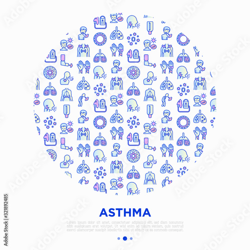 Asthma concept in circle with thin line icons: allergen, dyspnea, cough, wheezing, chest pain, diaphragm, asthma attack, hives, sputum, peak flow meter, inhaler, nebulizer. Modern vector illustration.