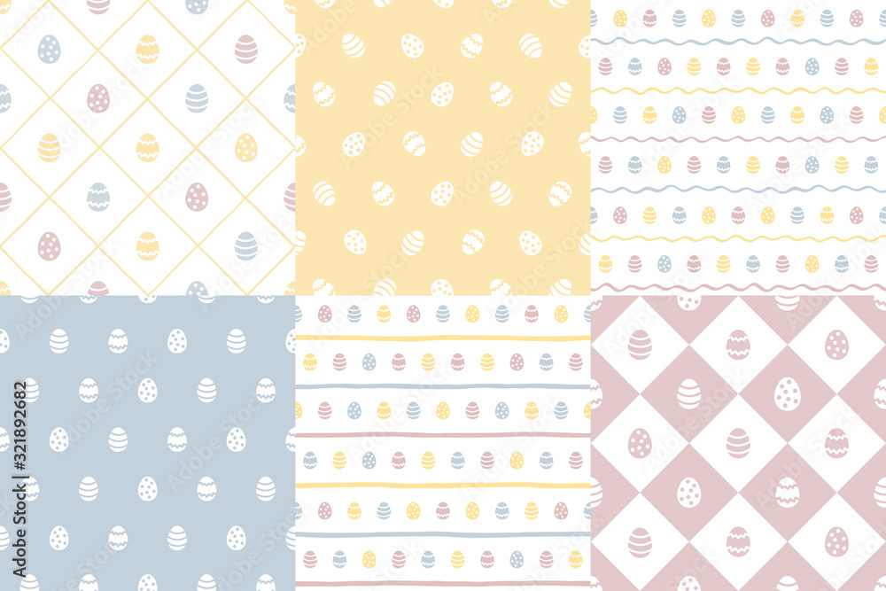 Happy Easter eggs regular seamless colorful patterns collection, set. Tiny painted cute egg shapes with stripes, square check, plaid, wavy doodle hand drawn streaks, geometric lines. Pastel colors.