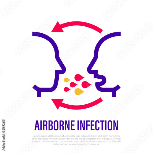 Airborne infection thin line icon. Person to person. Cough, symptom of adenovirus, flu, influenza, coronavirus. Vector illustration.