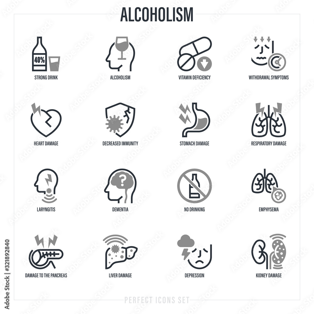Alcoholism thin line icons set. Strong drink, withdrawal symptoms, vitamin deficiency, decreased immunity, internal organs damage, depression, dementia, emphysema. Vector illustration. Alcoholism thin line icons set. Strong drink, withdrawal symptoms, vitamin deficiency, decreased immunity, internal organs damage, depression, dementia, emphysema. Vector illustration.
