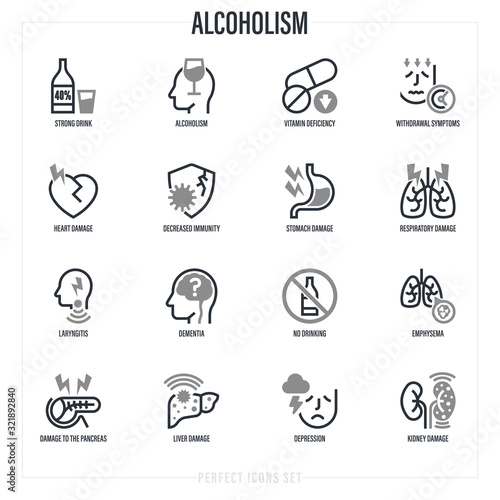 Alcoholism thin line icons set. Strong drink, withdrawal symptoms, vitamin deficiency, decreased immunity, internal organs damage, depression, dementia, emphysema. Vector illustration.
