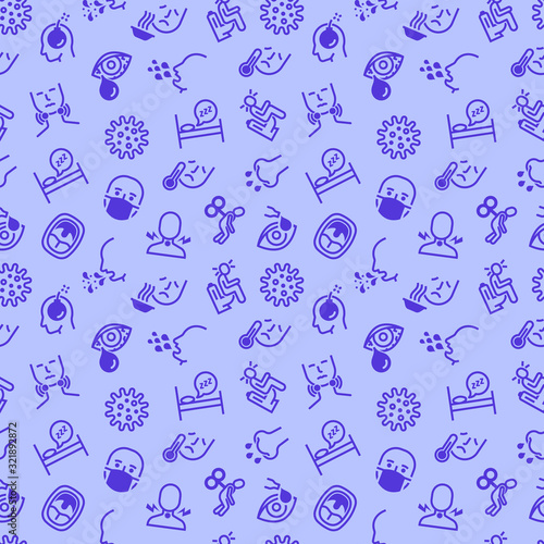 Adenovirus infection seamless pattern with thin line icons. Airborne disease, lymph nodes, fever, headache, runny nose, moist cough, surgical mask. Vector illustration of coronavirus symptoms