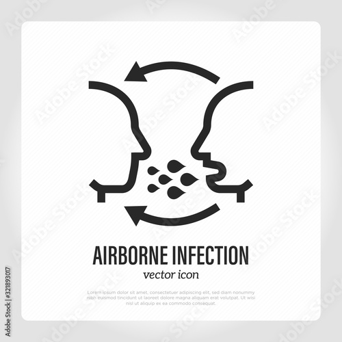 Airborne infection thin line icon. Person to person. Cough, symptom of adenovirus, flu, influenza, coronavirus. Vector illustration.