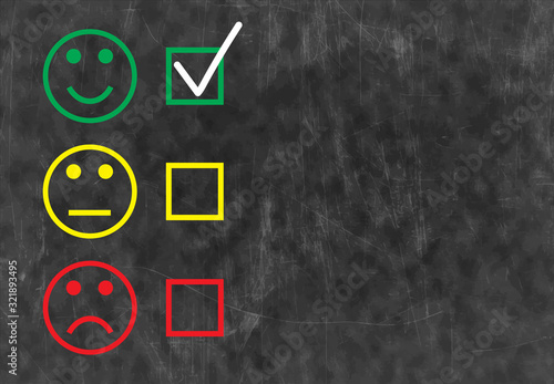 Set of smiley emoticons with checkboxes on blackboard. Three colored faces emojis expressing good level of satisfaction. Vector feedback survey template with copy space. Choose option, yes, maybe, no.