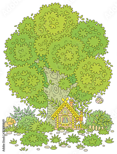 Small wooden house from a fairytale with Easter decorations, a porch and a fence under a big branchy tree on a pretty forest glade, vector cartoon illustration