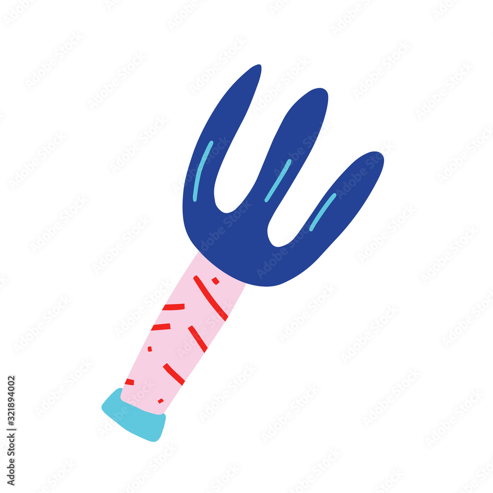 small rake for gardening, hayfork tool for raking soil, isolated vector icon, cute handdrawn illustration, garden gear and supplies small rake for gardening, hayfork tool for raking soil, isolated vector icon, cute handdrawn illustration, garden gear and supplies