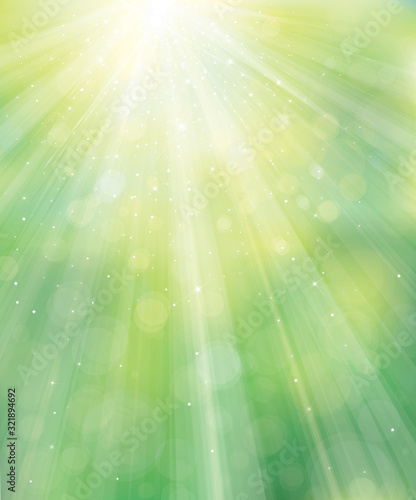 Vector green background with rays and lights.