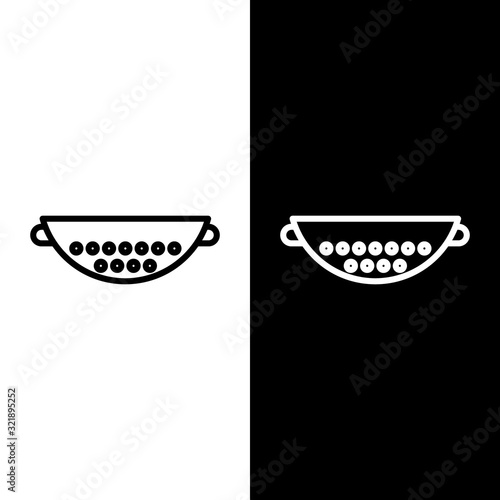 Set line Kitchen colander icon isolated on black and white background. Cooking utensil. Cutlery sign. Vector Illustration