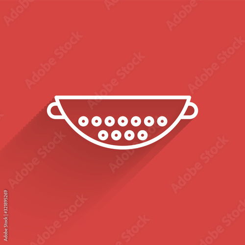 White line Kitchen colander icon isolated with long shadow. Cooking utensil. Cutlery sign. Vector Illustration