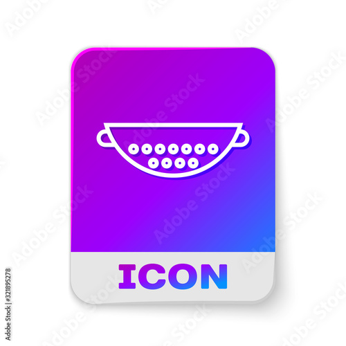 White line Kitchen colander icon isolated on white background. Cooking utensil. Cutlery sign. Rectangle color button. Vector Illustration