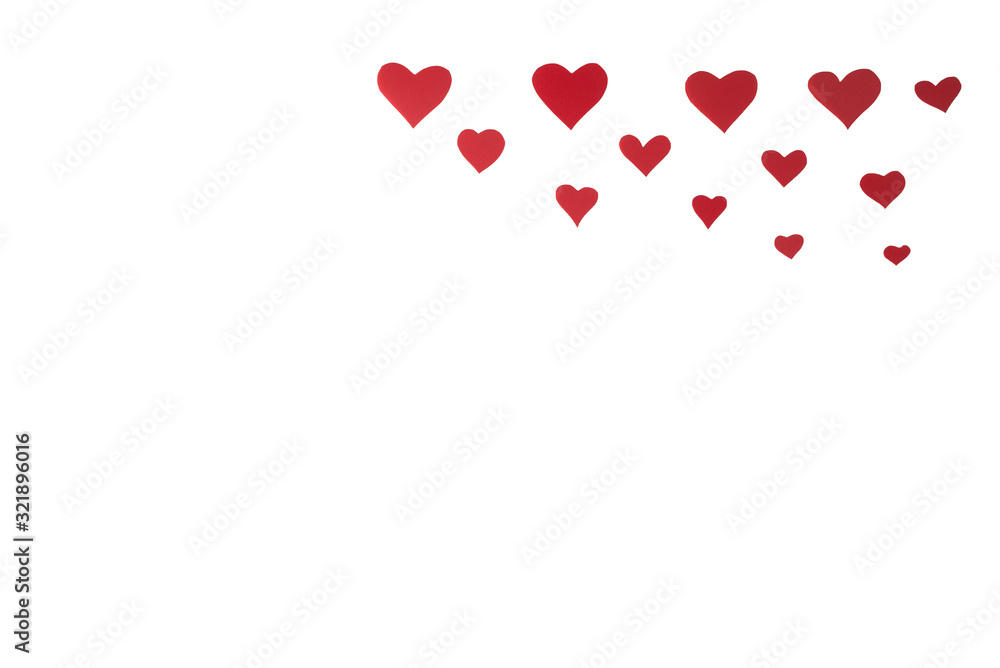 red hearts on a white isolated background with  heart inside like a letter. Place for text. shifted focus on the right side of the frame. Valentine's Day.